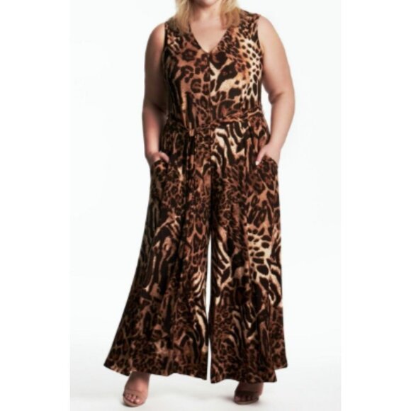 Coldesina Animal Print Relaxed Fit Wide Leg Jumpsuit Pockets 2x/3x EUC - Picture 1 of 9